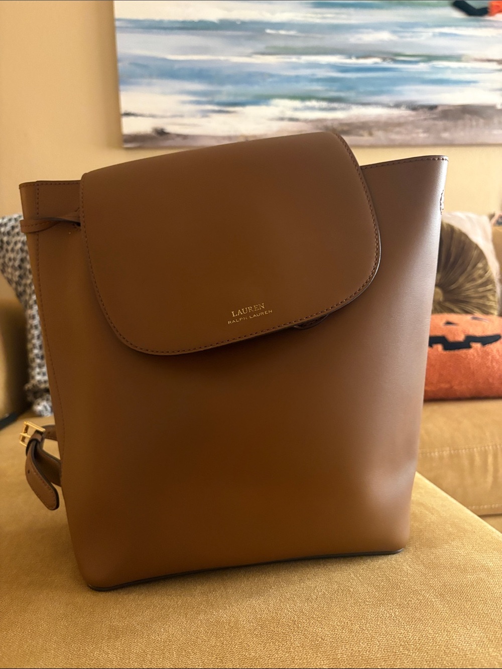 Ralph Lauren Tan Leather Backpack with Flap
